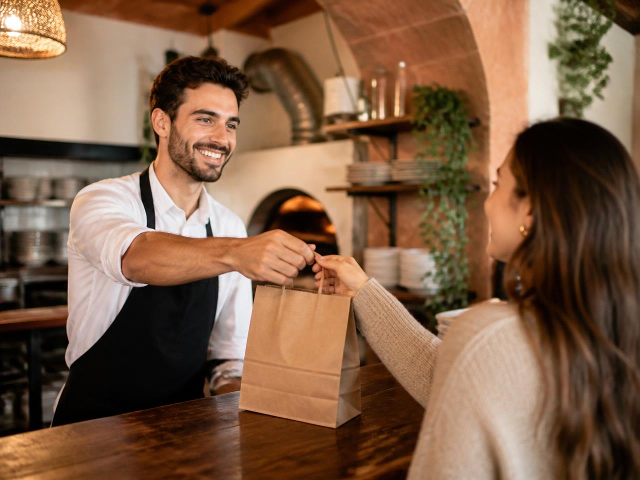 Gast nimmt eine fertige Abholbestellung an der Restauranttheke entgegen